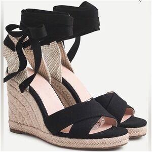 J‎ Crew Black Canvas Espadrille Wedge Sandals Lace Up Ankle Strap